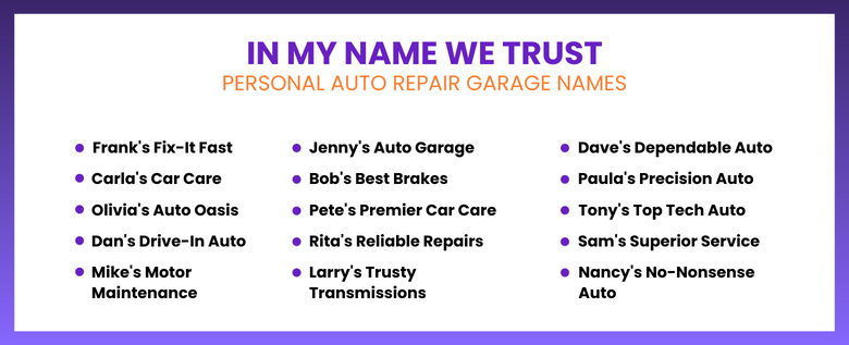 Personal Auto Repair Garage Names
