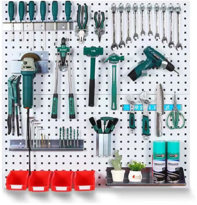 Wall-mounted pegboards (mechanic shop organization ideas)