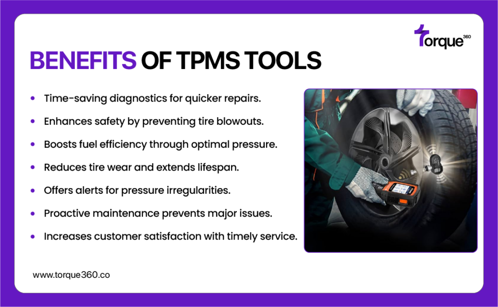 TPMS tools offer several benefits, including the ability to monitor tire pressure in real time, helping to improve fuel efficiency and enhance safety by preventing tire blowouts. They also make it easier to reset tire pressure monitoring systems after service, ensuring your vehicle runs optimally.