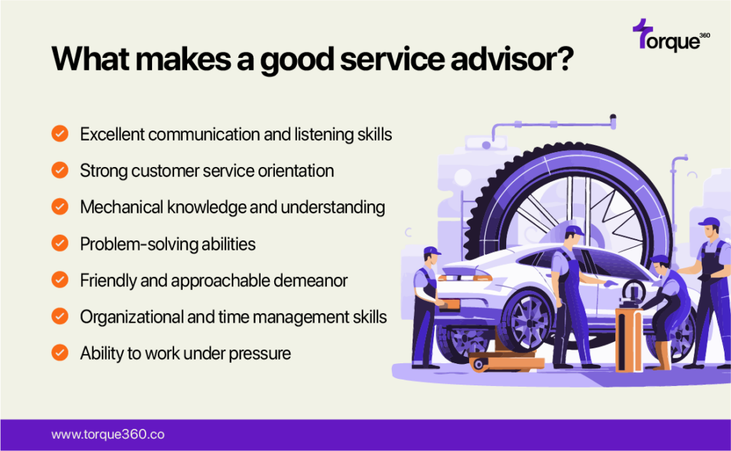 A good service advisor excels in communication and listening skills, possesses strong customer service orientation, and has mechanical knowledge. They are friendly, organized, and able to solve problems effectively, all while working well under pressure.