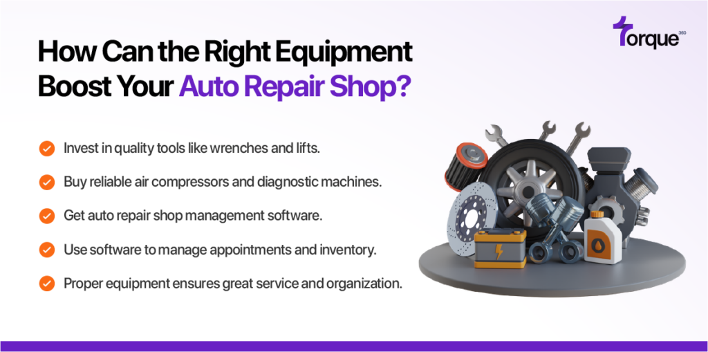 Investing in quality tools, such as wrenches, lifts, air compressors, and diagnostic machines, along with auto repair shop management software, can significantly boost your shop's efficiency. The right equipment ensures excellent service, streamlined appointment scheduling, and effective inventory management, leading to better organization and customer satisfaction.