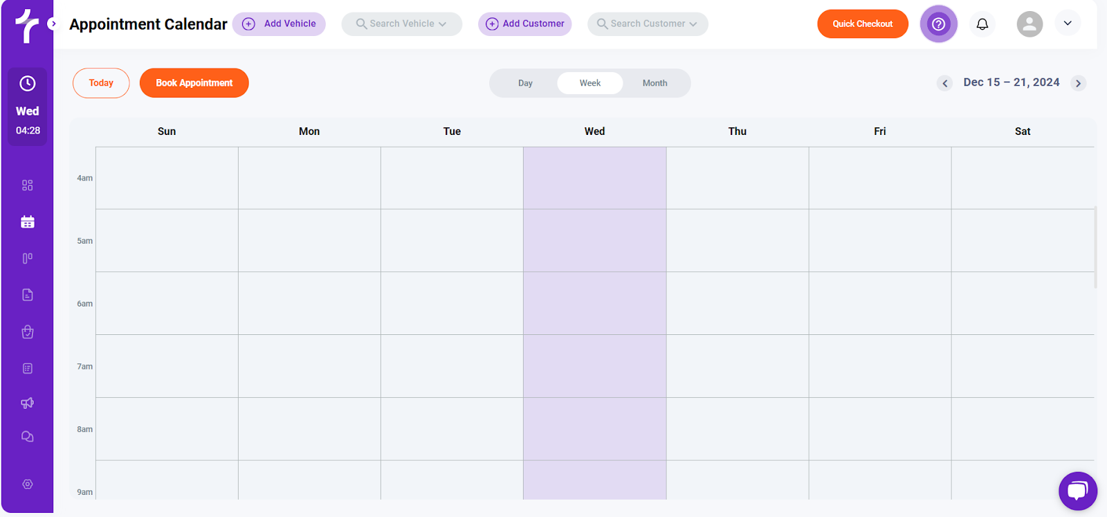 After logging into the auto repair scheduling software, click the purple calendar icon on the left to view your schedule. If it's not visible, expand options by clicking the small arrow next to the Torque360 logo in the top left corner.