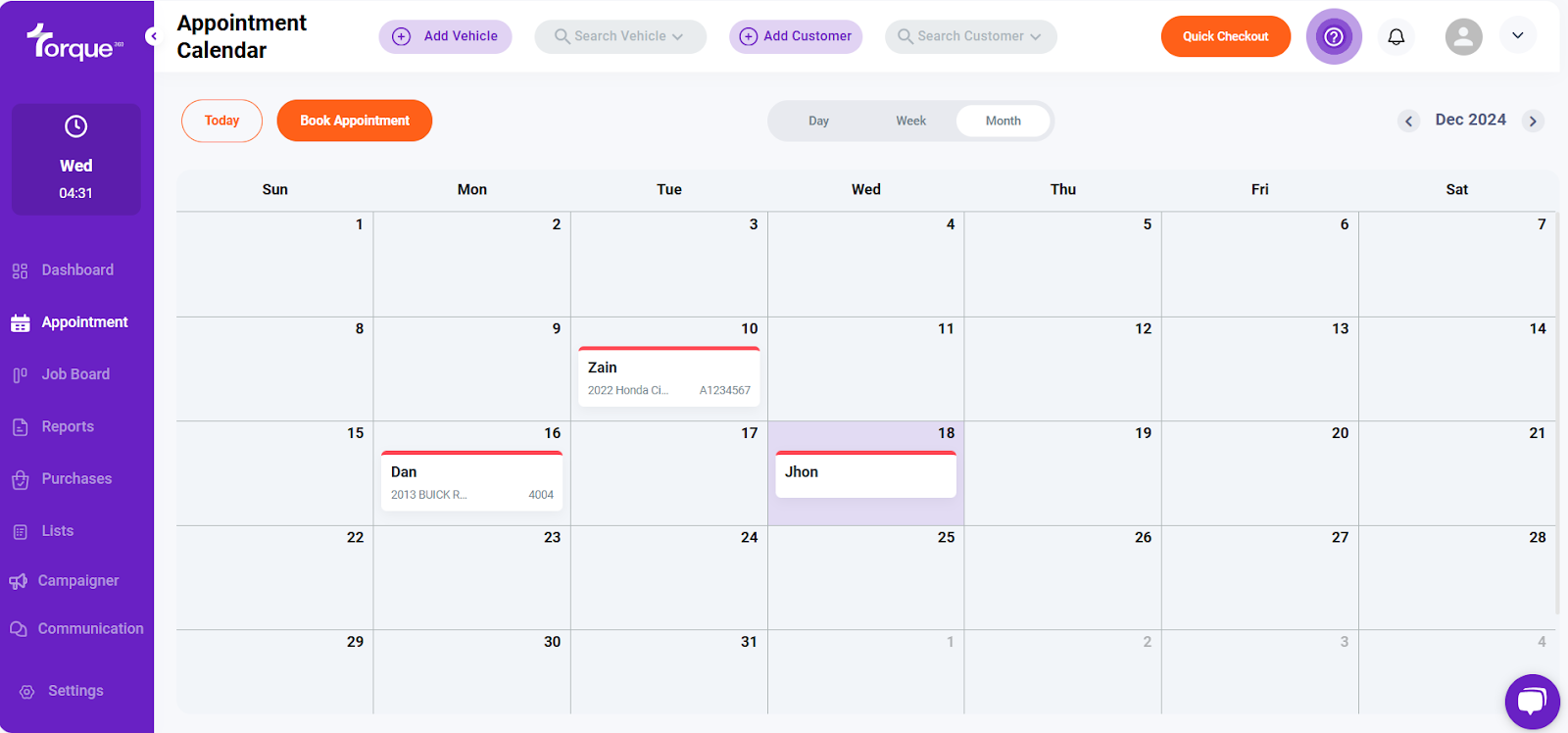 In 'week' view, you'll see the entire week's calendar, while 'month' view displays the full month. The calendar grid highlights hourly slots from Sunday to Saturday, helping you easily manage appointments and plan your day.