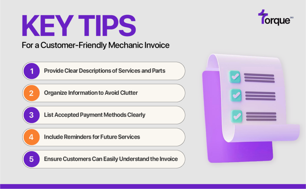 To create a customer-friendly mechanic invoice, provide clear descriptions of services and parts, organize the information to avoid clutter, and clearly list accepted payment methods. Additionally, include reminders for future services and ensure the invoice is easy for customers to understand.