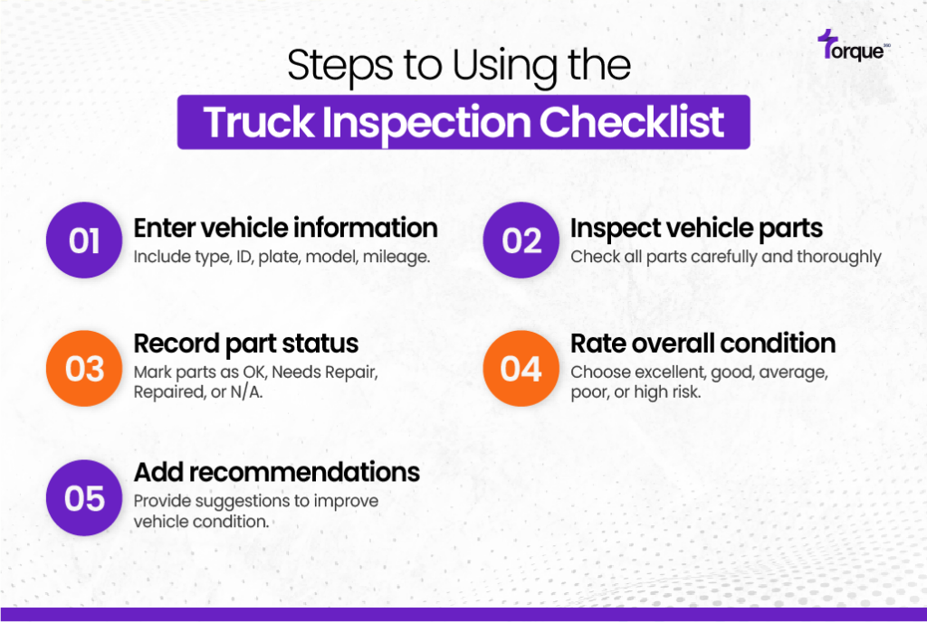 To use the truck inspection checklist, enter vehicle details, inspect all parts, and record their status. Rate the overall condition and provide any improvement recommendations.