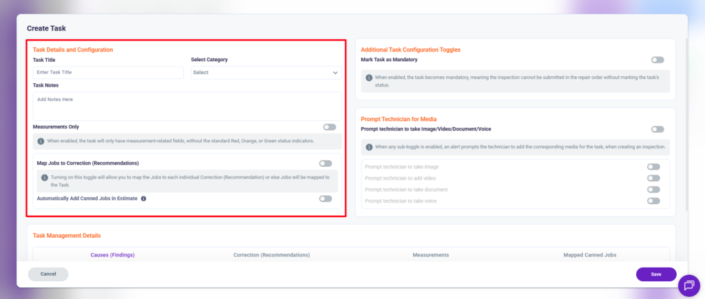 Task Details and Configurations in Torque360 Digital Vehicle Inspection Software