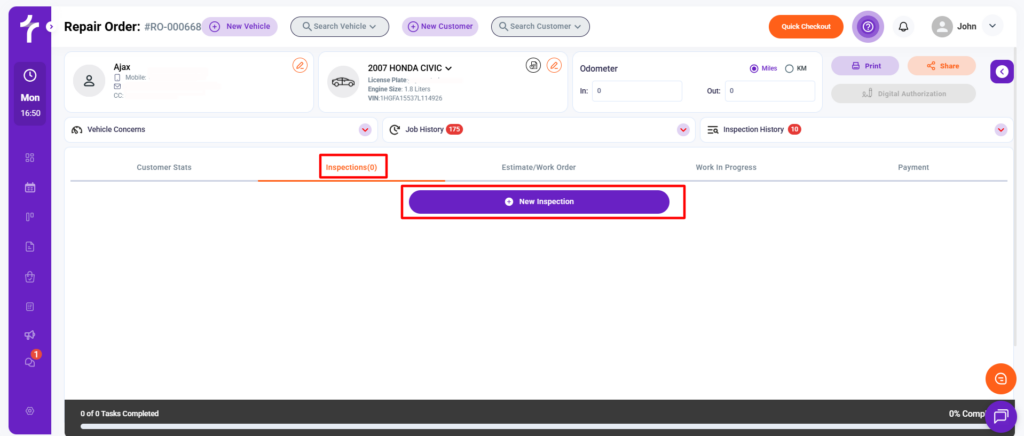 New Inspection in Torque360 Auto Repair Order Software