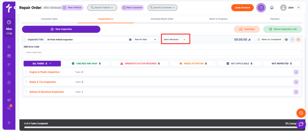 Assign Mechanic in Torque360 Auto Repair Order Software