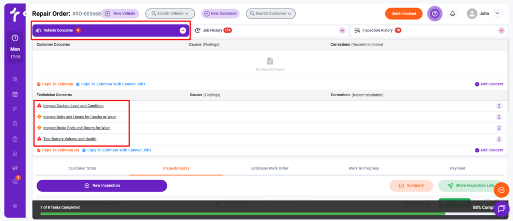 Review Vehicle Concerns in Torque360 Auto Repair Order Software