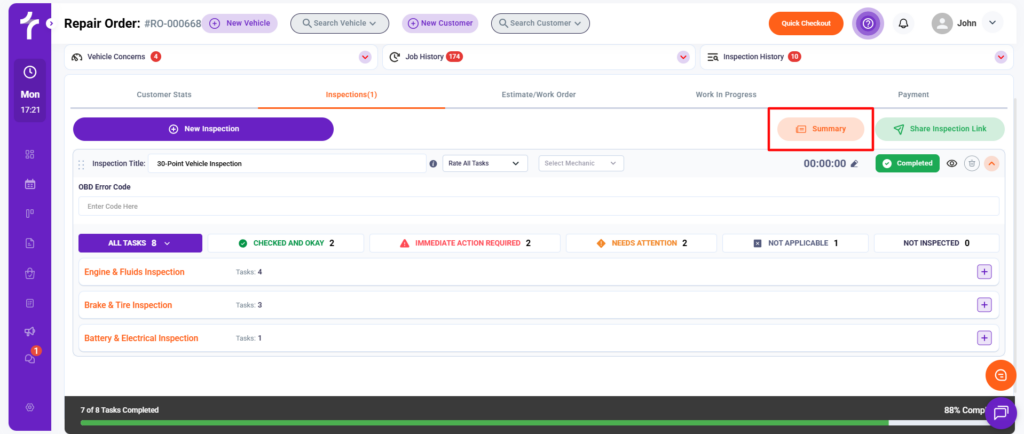 Summary Panel in Torque360 Auto Repair Order Software