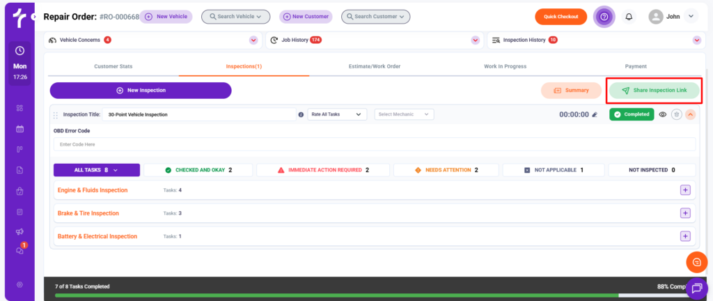 Share Inspection in Torque360 Auto Repair Order Software